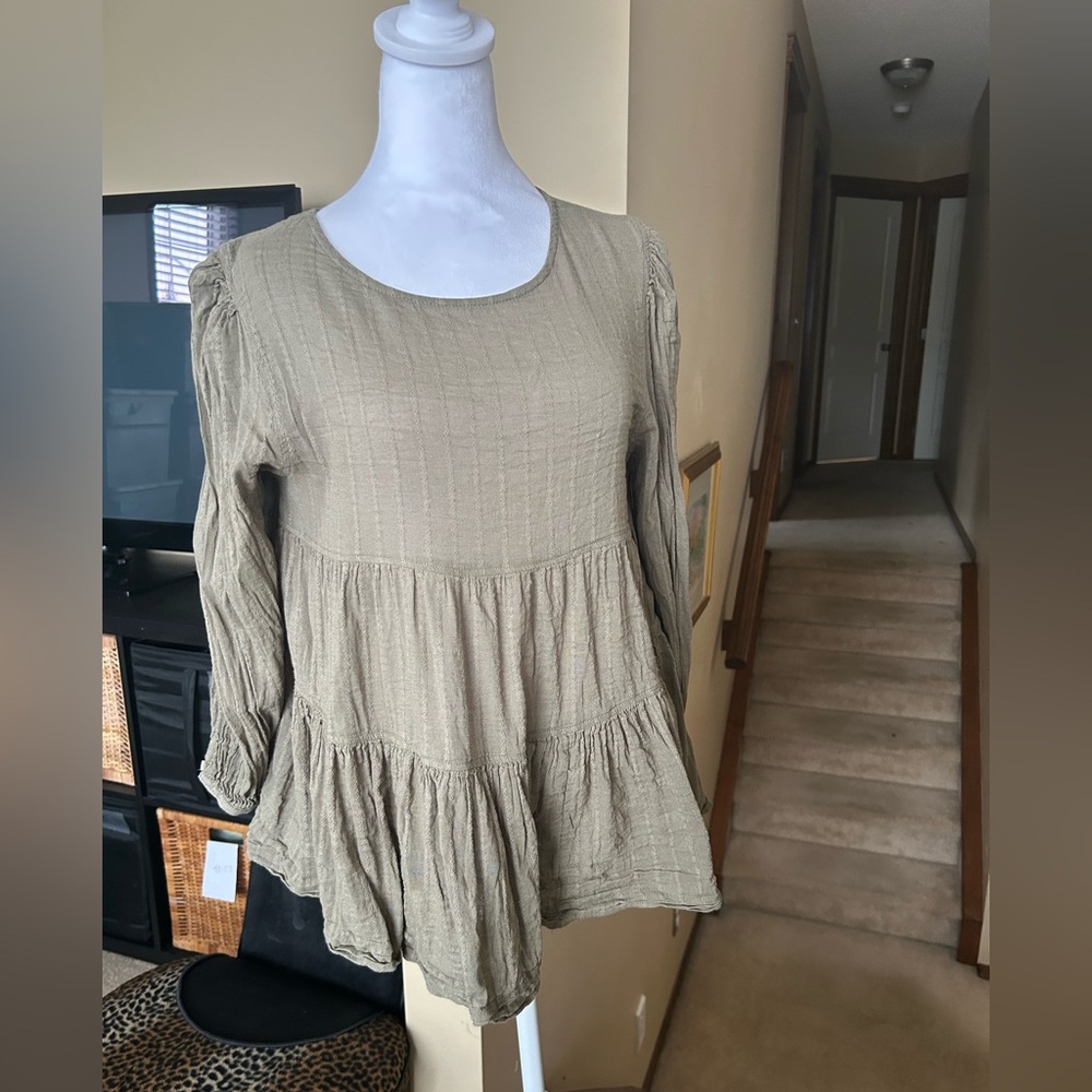 Women's Olive Green Tiered Long Sleeve Peasant Top